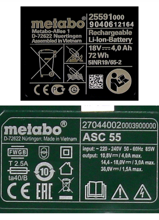 Metabo Basis Set 1x Li-Power Akkupack 18 V 4,0 Ah CAS Li-Ion Akku ( 625591000 ) + Ladegerät ASC 55 ( 627044000 )