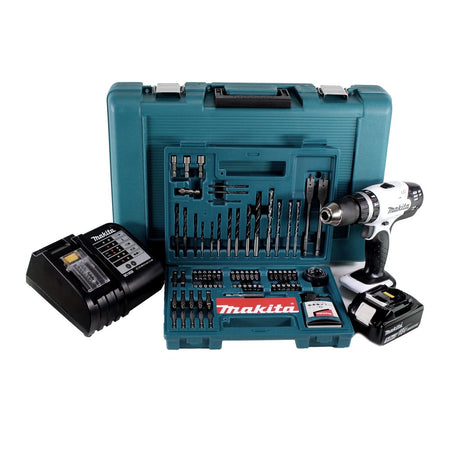 Makita DHP 453 STTK W Akku Schlagbohrschrauber 18V 42Nm + 1x Akku 5,0Ah + Ladegerät + 100 tlg. Bit Bohrer Set + Koffer