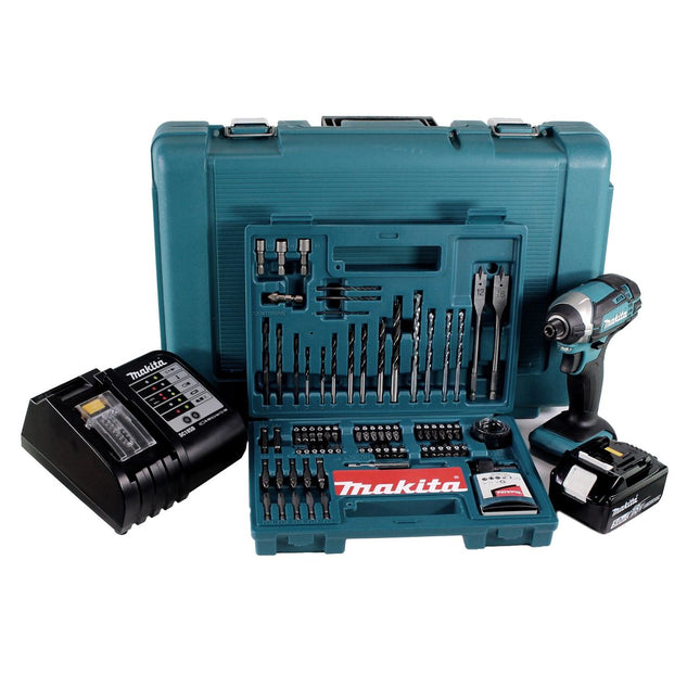 Makita DTD 152 STK akumulatorowy klucz udarowy 18V 165Nm 1/4" + 1x akumulator 5,0Ah + ładowarka + 100 szt. zestaw wierteł + walizka