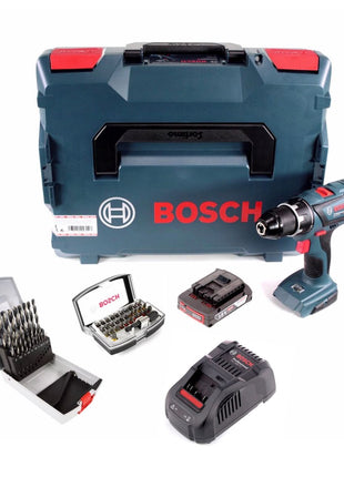 Bosch GSR 18V-28 Akku Bohrschrauber 18V 63Nm + 1x Akku 2,0Ah + Ladegerät + 19tlg. Bohrer Set + 32 tlg. Bit Set + L-Boxx