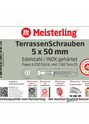 Meisterling Terrassenschrauben 5x50 mm 200 Stück ( 010010000011 ) CUT Spitze 90° Linsen Senkkopf mit Torx 2/3 Grobgewinde VA Edelstahl