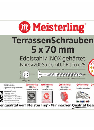 Meisterling Terrassenschrauben 5x70 mm 200 Stück ( 010010000031 ) CUT Spitze 90° Linsen Senkkopf mit Torx 2/3 Grobgewinde VA Edelstahl