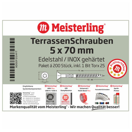 Meisterling Terrassenschrauben 5x70 mm 200 Stück ( 010010000031 ) CUT Spitze 90° Linsen Senkkopf mit Torx 2/3 Grobgewinde VA Edelstahl