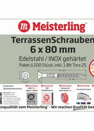 Tornillos para terraza Meisterling 6x80 mm 200 piezas (010010000041) Punta CUT Lente de 90° Cabeza avellanada con rosca gruesa Torx 2/3 Acero inoxidable VA