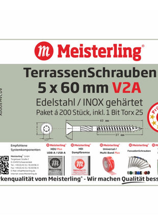 Meisterling Vis de terrasse 5x60 mm - 200 pièces (010010000211) CUT point 90 ° tête fraisée à tête fraisée avec Torx 2/3 gros filetage V2A acier inoxydable