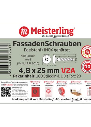 Meisterling Fassadenschrauben 4,8x25 mm 100 Stück ( 010020000001 ) 12 mm Flachkopf weiß mit Torx Teilgewinde V2A Edelstahl