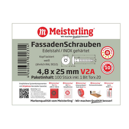Meisterling Fassadenschrauben 4,8x25 mm 100 Stück ( 010020000001 ) 12 mm Flachkopf weiß mit Torx Teilgewinde V2A Edelstahl