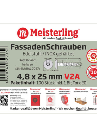 Meisterling Fassadenschrauben 4,8x25 mm 100 Stück ( 010020000021 ) 12 mm Flachkopf hellgrau mit Torx Teilgewinde V2A Edelstah