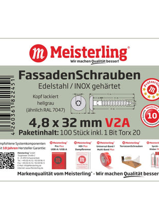 Meisterling Fassadenschrauben 4,8x32 mm 100 Stück ( 010020000121 ) 12 mm Flachkopf hellgrau mit Torx Teilgewinde V2A Edelstahl