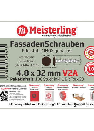 Meisterling Fassadenschrauben 4,8x32 mm 100 Stück ( 010020000131 ) 12 mm Flachkopf dunkelbraun mit Torx Teilgewinde V2A Edelstahl