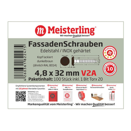 Meisterling Fassadenschrauben 4,8x32 mm 100 Stück ( 010020000131 ) 12 mm Flachkopf dunkelbraun mit Torx Teilgewinde V2A Edelstahl