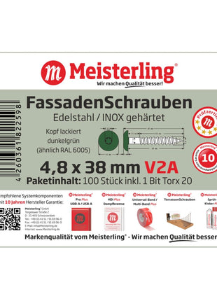 Meisterling Fassadenschrauben 4,8x38 mm 100 Stück ( 010020000241 ) 12 mm Flachkopf dunkelgrün mit Torx Teilgewinde V2A Edelstahl