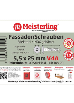 Meisterling Fassadenschrauben 5,5x25 mm 100 Stück ( 010030000021 ) 12 mm Flachkopf hellgrau mit Torx Teilgewinde V4A Edelstahl