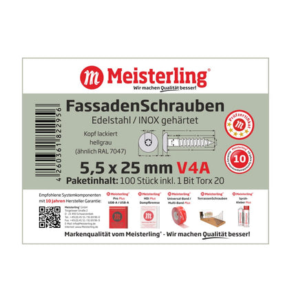 Meisterling Fassadenschrauben 5,5x25 mm 100 Stück ( 010030000021 ) 12 mm Flachkopf hellgrau mit Torx Teilgewinde V4A Edelstahl
