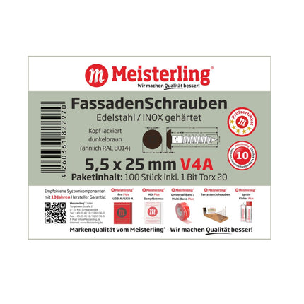 Meisterling Fassadenschrauben 5,5x25 mm 100 Stück ( 010030000031 ) 12 mm Flachkopf dunkelbraun mit Torx Teilgewinde V4A Edelstahl