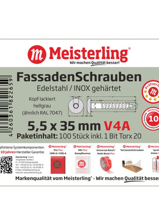 Meisterling Fassadenschrauben 5,5x35 mm 100 Stück ( 010030000121 ) 12 mm Flachkopf hellgrau mit Torx Teilgewinde V4A Edelstahl