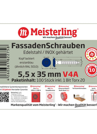 Meisterling Fassadenschrauben 5,5x35 mm 100 Stück ( 010030000161 ) 12 mm Flachkopf enzianblau mit Torx Teilgewinde V4A Edelstahl