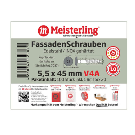 Meisterling Fassadenschrauben 5,5x45 mm 100 Stück ( 010030000331 ) 12 mm Flachkopf dunkelgrau mit Torx Teilgewinde V4A Edelstahl