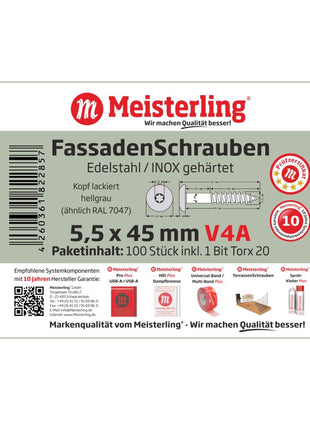 Meisterling Fassadenschrauben 5,5x45 mm 100 Stück ( 010030000341 ) 12 mm Flachkopf hellgrau mit Torx Teilgewinde V4A Edelstahl