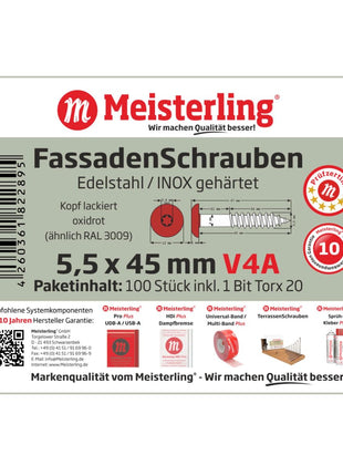 Meisterling Fassadenschrauben 5,5x45 mm 100 Stück ( 010030000351 ) 12 mm Flachkopf oxidrot mit Torx Teilgewinde V4A Edelstahl