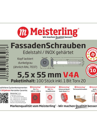 Meisterling Fassadenschrauben 5,5x55 mm 100 Stück ( 010030000431 ) 12 mm Flachkopf dunkelgrau mit Torx Teilgewinde V4A Edelstahl