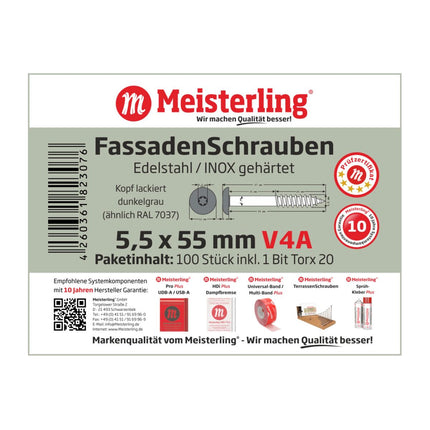 Meisterling Fassadenschrauben 5,5x55 mm 100 Stück ( 010030000431 ) 12 mm Flachkopf dunkelgrau mit Torx Teilgewinde V4A Edelstahl
