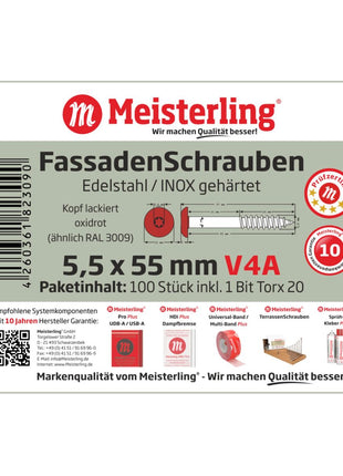 Meisterling Fassadenschrauben 5,5x55 mm 100 Stück ( 010030000451 ) 12 mm Flachkopf oxidrot mit Torx Teilgewinde V4A Edelstahl