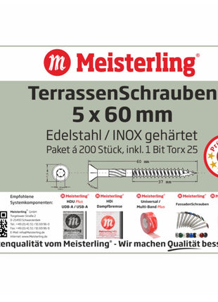 Meisterling Vis pour terrasse 90° 5x60 mm, 1200 pcs., tête fraisée, filetage Torx 2/3, acier inoxydable VA (6x 010010000021)