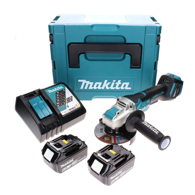 Akumulatorowa szlifierka kątowa Makita DGA 519 RGJ 18 V 125 mm bezszczotkowa X-Lock + 2x akumulator 6,0 Ah + ładowarka + Makpac