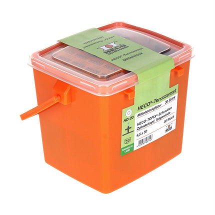 HECO Terrassengleiterset Mittelstück 30 tlg. ( 48715 ) mit HECO TOPIX 4,5 x 50 mm HD 20 Schrauben Set in Kunststoffbox - Toolbrothers