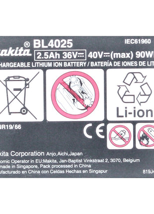 Makita BL 4025 Akku 40 V max. 2,5 Ah XGT Li-Ion Akku ( 191B36-3 ) IP64 Schutzklasse mit LED Anzeige