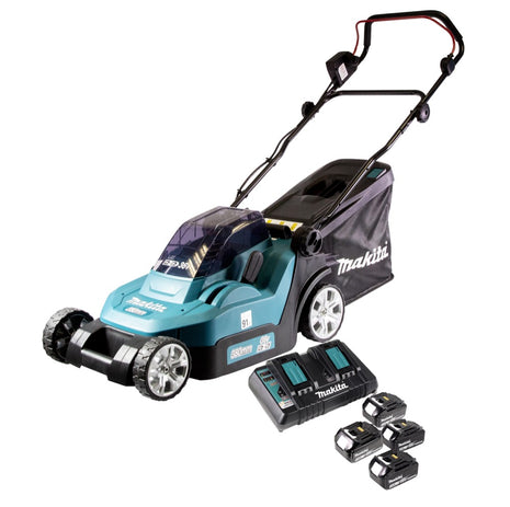 Cortacésped a batería Makita DLM 432 PF4 36 V (2x 18 V) 43 cm sin escobillas + 4x batería 3,0 Ah + cargador doble