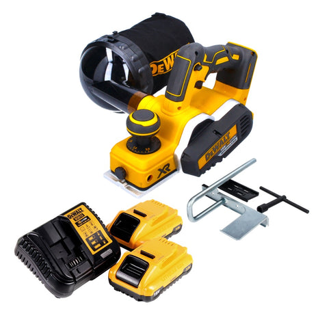 Cepilladora a batería DeWalt DCP 580 L2 18 V 82 mm sin escobillas + bolsa para el polvo DWV 9390 + 2x baterías 3,0 Ah + cargador