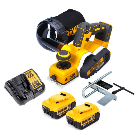 Cepilladora a batería DeWalt DCP 580 M2 18 V 82 mm sin escobillas + bolsa para el polvo DWV 9390 + 2x baterías 4,0 Ah + cargador