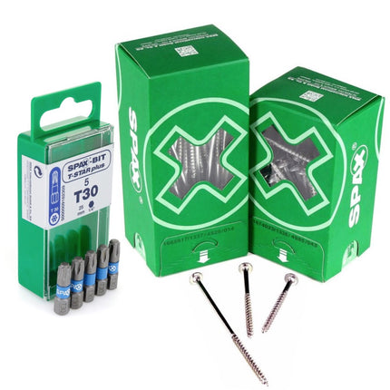 SPAX Set BIT T-STAR plus T30 - 6,4 x 25 mm, 5 Stk. ( 5000009182309 ) + HI.FORCE Tellerkopfschraube 6,0 x 120 mm 100 Stk. ( 0251010601205 )
