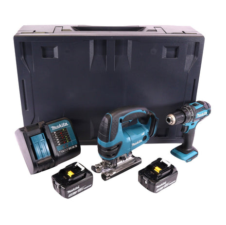 Makita DHP 482 STMX Perceuse-visseuse à percussion sans fil 18 V 62 Nm + Scie sauteuse sans fil DJV 180 18 V + 2x Batteries 5,0 Ah + Chargeur + Makbox Maxi