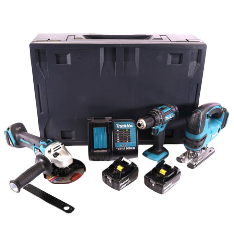 Makita DHP 482 STMX Perceuse-visseuse à percussion sans fil 18 V 62 Nm + Scie sauteuse sans fil DJV 180 18 V + Meuleuse d'angle sans fil DGA 504 18 V 125 mm sans balai + 2x Batteries 5,0 Ah + Chargeur + Makbox Maxi