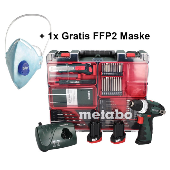 Metabo PowerMaxx BS Basic Set akumulatorowa wiertarko-wkrętarka 10,8 V 34 Nm ( 600080880 ) + 2x akumulator 2,0 Ah + ładowarka + 64-częściowy zestaw wierteł + 1x maska FFP2 + walizka
