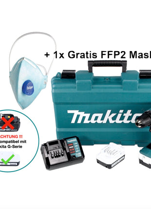 Makita DF 347 DWE Akku Bohrschrauber 14,4 V 30 Nm G-Serie + 2x Akku 1,5 Ah + Ladegerät + 1x FFP2 Maske + Koffer - Toolbrothers