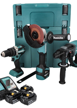 Makita DLX 3093 TJ Akku Spezial Set 18 V mit DHP 484 54 Nm + DHR 202 2,0 J + DGA 513 125 mm + 3x Akku 5,0 Ah + Ladegerät + 2x Makpac