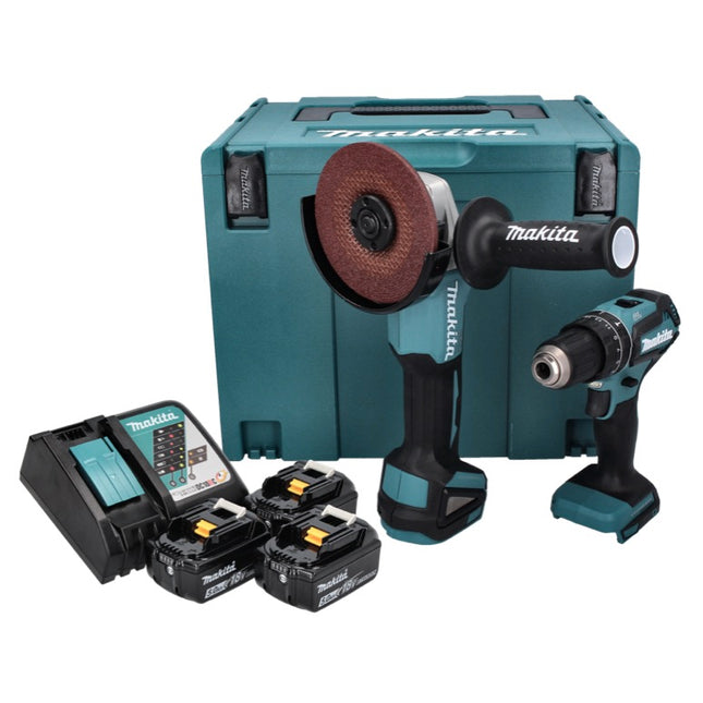 Makita DLX 2334 J akumulatorowy zestaw combo 18 V z DHP 485 50 Nm bezszczotkowy + DGA 504 125 mm bezszczotkowy + 3x akumulator 3,0 Ah + ładowarka + Makpac