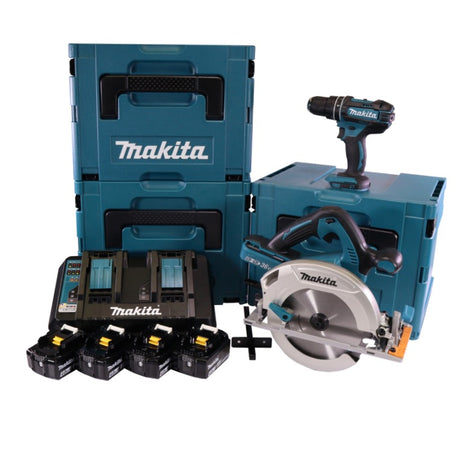 Makita DLX 2140 PMJ Akku Kombo Kit 18 V mit DHP 482 62 Nm + DHS 710 190 mm + 4x Akku 4,0 Ah + Doppelladegerät + 3x Makpac