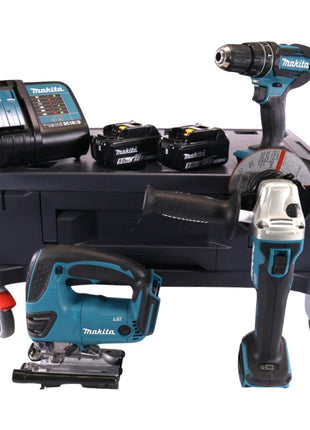 Makita DHP 482 STMX Perceuse-visseuse à percussion sans fil 18 V 62 Nm + Scie sauteuse DJV 180 + Meuleuse d'angle DGA 504 125 mm + 2x Batteries 5,0 Ah + Chargeur + Makbox Maxi + Planche à roulettes