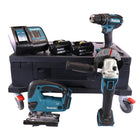 Makita DHP 482 STMX Perceuse-visseuse à percussion sans fil 18 V 62 Nm + Scie sauteuse DJV 180 + Meuleuse d'angle DGA 504 125 mm + 2x Batteries 5,0 Ah + Chargeur + Makbox Maxi + Planche à roulettes