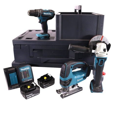 Makita DHP 482 STMX Perceuse-visseuse à percussion sans fil 18 V 62 Nm + Scie sauteuse DJV 180 + Meuleuse d'angle DGA 504 125 mm + 2x Batteries 5,0 Ah + Chargeur + 2x Makbox + Planche à roulettes