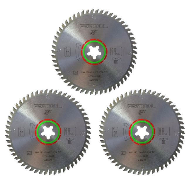 Festool Spezial Kreissägeblatt Set 3x HW 190 x 2,6 FF Fast Fix TF54 190 mm ( 3x 492052 ) 54 Zähne - Toolbrothers