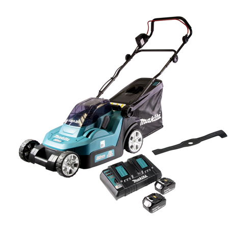 Cortacésped a batería Makita DLM 432 PT2 36 V (2x 18 V) 43 cm sin escobillas + 2x batería 5,0 Ah + cargador doble + 1x hoz