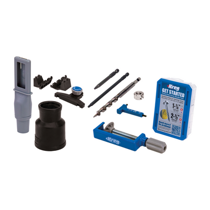 KREG Pocket Hole Jig 720 PRO przyrząd do wiercenia otworów w kieszeniach + stacja bazowa + mikrowiertarka + wiertło stopniowe + bit + wkręty