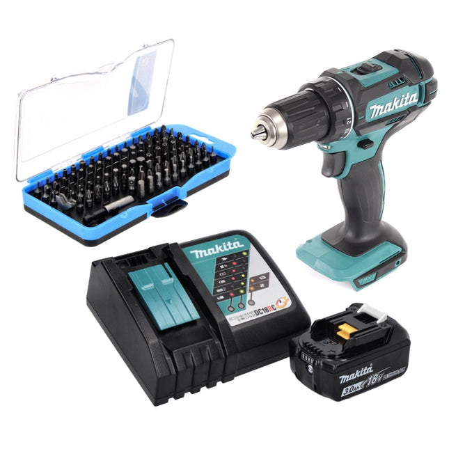 Makita DDF 482 RF1 Akku Bohrschrauber 18 V 62 Nm + 1x Akku 3,0 Ah + Ladegerät + 100 tlg. Bit Set