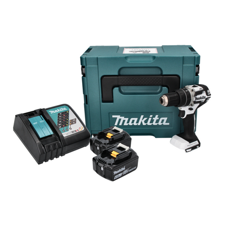 Makita DHP 484 RGJ W akumulatorowa wiertarka udarowa 18 V 54 Nm bezszczotkowa biała + 2x akumulator 6,0 Ah + ładowarka + Makpac